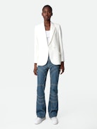 Visit Peace & Love Diamanté Blazer - White blazer with pointed collar, button closure and diamanté “Peace Love” wings motif on the back.