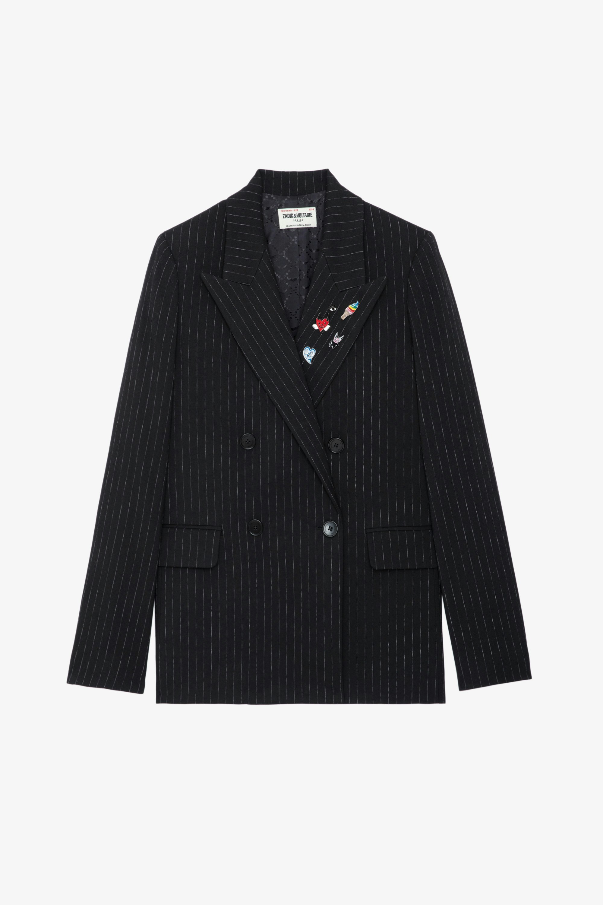 Valdo Blazer - Black straight-cut oversized blazer with pinstripes and customised badges designed by Humberto Cruz.