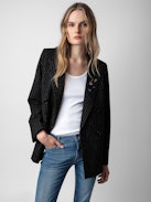 Valdo Blazer - Black straight-cut oversized blazer with pinstripes and customised badges designed by Humberto Cruz.