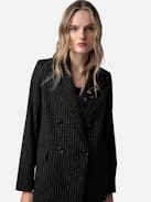 Valdo Blazer - Black straight-cut oversized blazer with pinstripes and customised badges designed by Humberto Cruz.