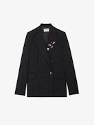 Valdo Blazer - Black straight-cut oversized blazer with pinstripes and customised badges designed by Humberto Cruz.