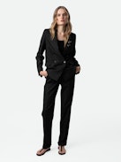 Valdo Blazer - Black straight-cut oversized blazer with pinstripes and customised badges designed by Humberto Cruz.