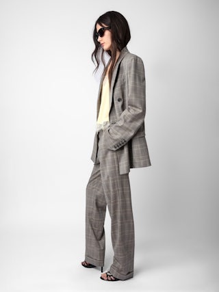 Blazer Vaena - Veste blazer oversize en laine à carreaux à col tailleur, fermeture boutonnée et épaulettes.