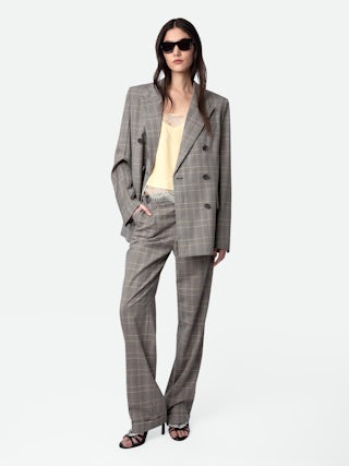 Blazer Vaena - Veste blazer oversize en laine à carreaux à col tailleur, fermeture boutonnée et épaulettes.