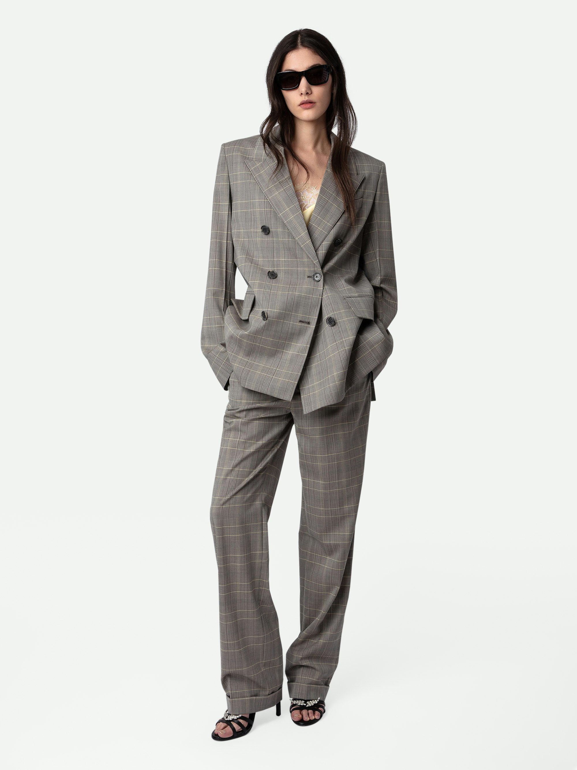 Vaena Blazer - Oversized checked grey wool blazer with tailored collar, button closure and shoulder pads.