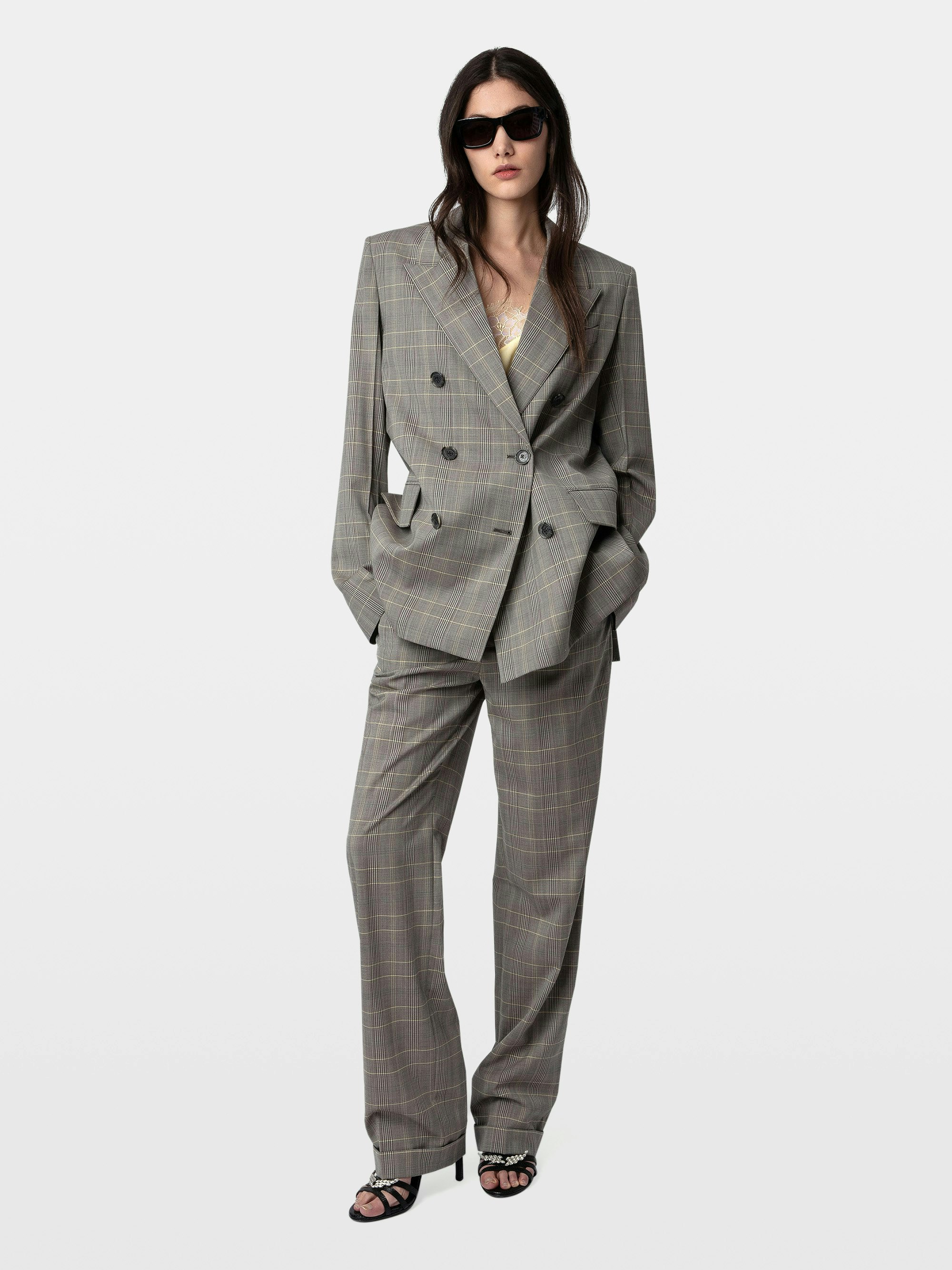 Vaena Blazer - Oversized checked grey wool blazer with tailored collar, button closure and shoulder pads.