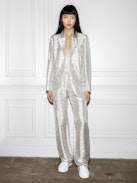 Vicka Wings Jacquard Blazer - Grey tailored jacquard blazer with collar, button closure, and jacquard wing details