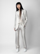 Vicka Wings Jacquard Blazer - Grey tailored jacquard blazer with collar, button closure, and jacquard wing details