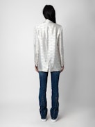 Vicka Wings Jacquard Blazer - Grey tailored jacquard blazer with collar, button closure, and jacquard wing details
