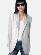 Vicka Wings Jacquard Blazer - Grey tailored jacquard blazer with collar, button closure, and jacquard wing details