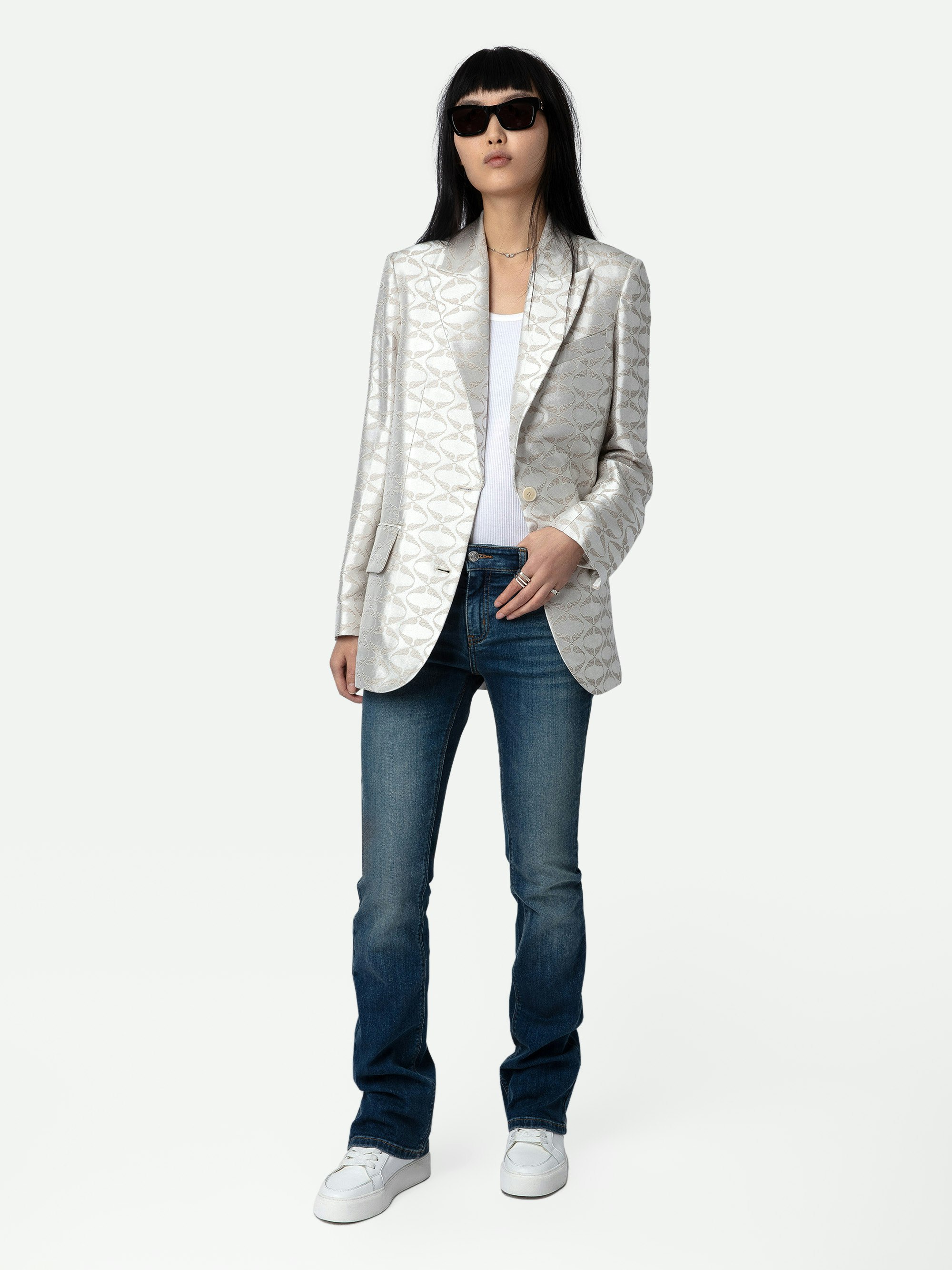 Vicka Wings Jacquard Blazer - Grey tailored jacket with tailored collar, button closure and jacquard wings.