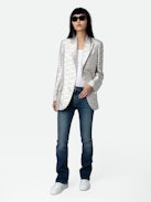 Vicka Wings Jacquard Blazer - Grey tailored jacquard blazer with collar, button closure, and jacquard wing details