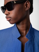 Very Linen Blazer - Blue women's linen blazer with mock neck and pockets.