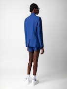 Very Linen Blazer - Blue women's linen blazer with mock neck and pockets.