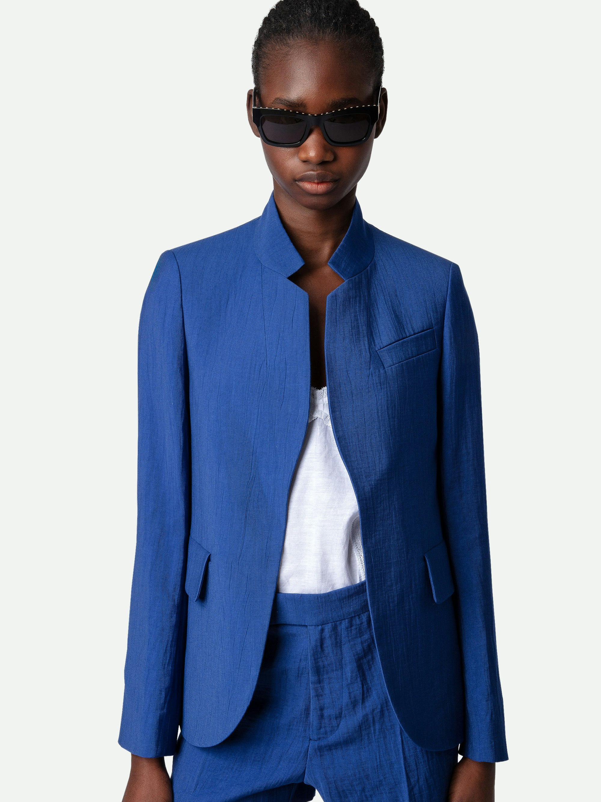 Very Linen Blazer - Blue women's linen blazer with mock neck and pockets.
