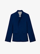 Very Linen Blazer - Blue women's linen blazer with mock neck and pockets.