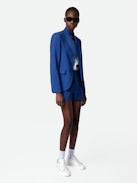 Very Linen Blazer - Blue women's linen blazer with mock neck and pockets.