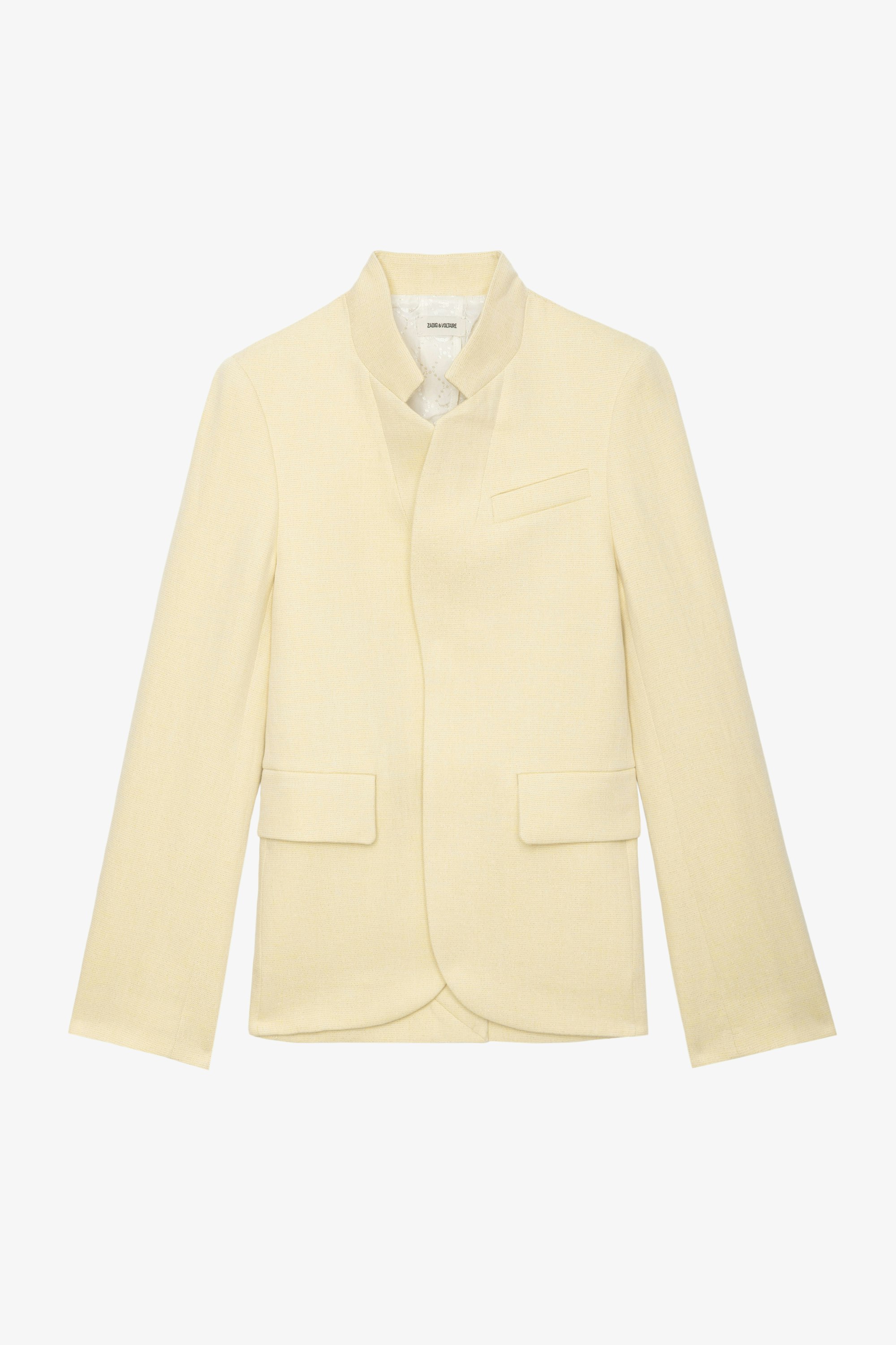 Very Blazer - Light yellow linen tailored blazer with mock neck and pockets.