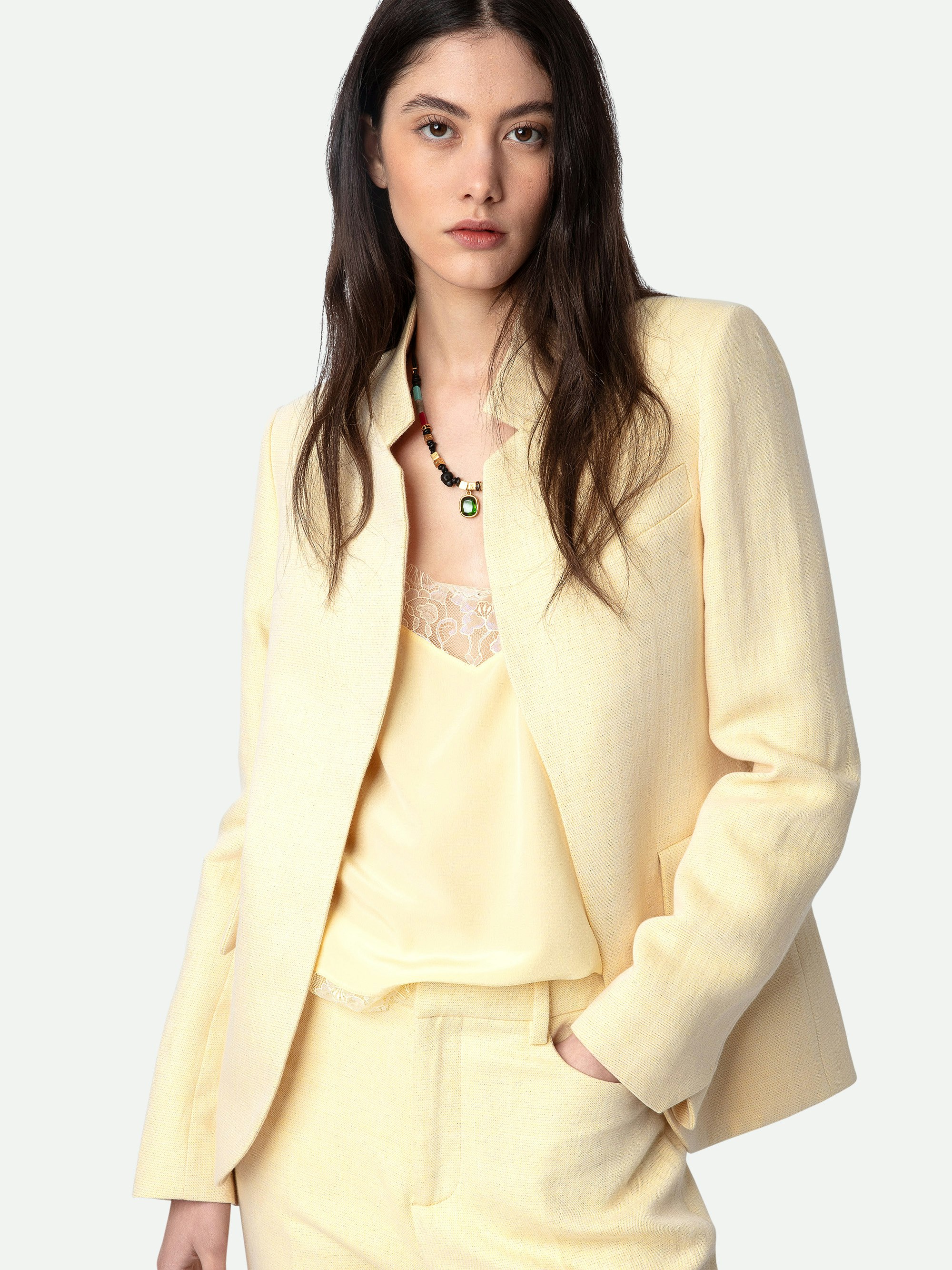 Very Linen Blazer - Light yellow linen tailored blazer with mock neck and pockets.