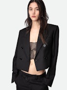 Blazer Vito - Veste blazer courte et oversize en laine froide noire, boutonnée et à bords bruts.