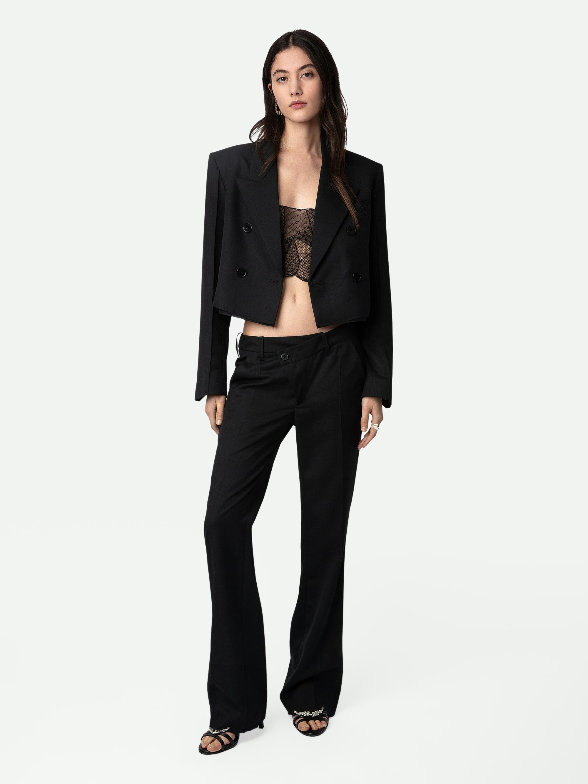 Vito Blazer - Black oversized cropped blazer in black cool wool with button closure and raw edges.