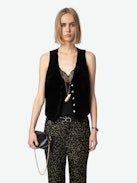 Blazer Emaux Samt - Ärmellose, schwarze Blazerweste aus Samt mit strassverziertem Knopfverschluss und Tasche.