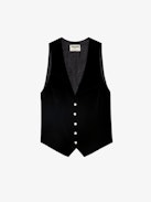 Blazer Emaux Samt - Ärmellose, schwarze Blazerweste aus Samt mit strassverziertem Knopfverschluss und Tasche.