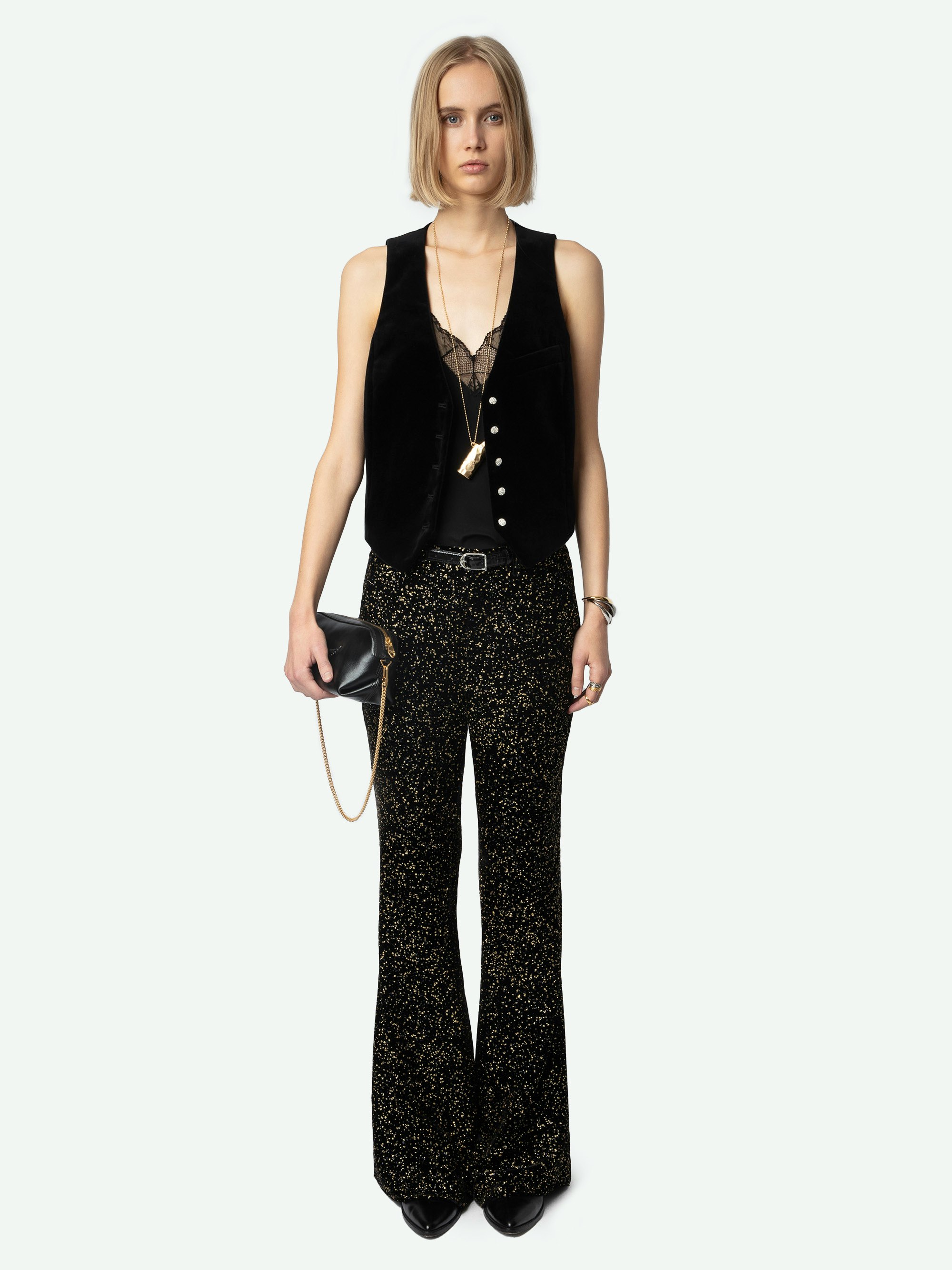 Blazer Smalto Velluto - Blazer smanicato in velluto nero con chiusura con bottoni decorati da strass e tasca.