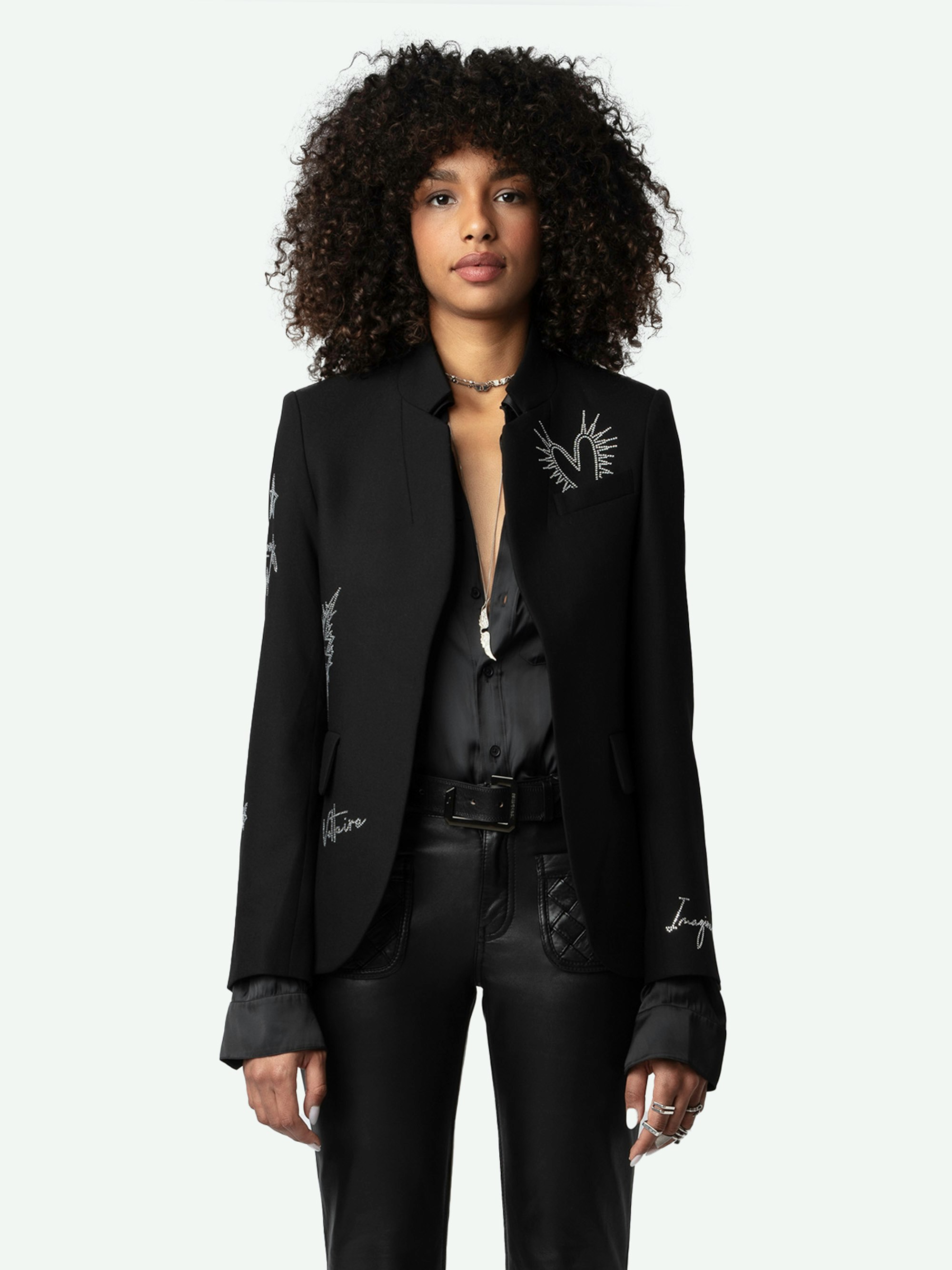 Very Diamanté Blazer - Slim-fit black blazer with pockets, all-over diamanté motifs and messages.