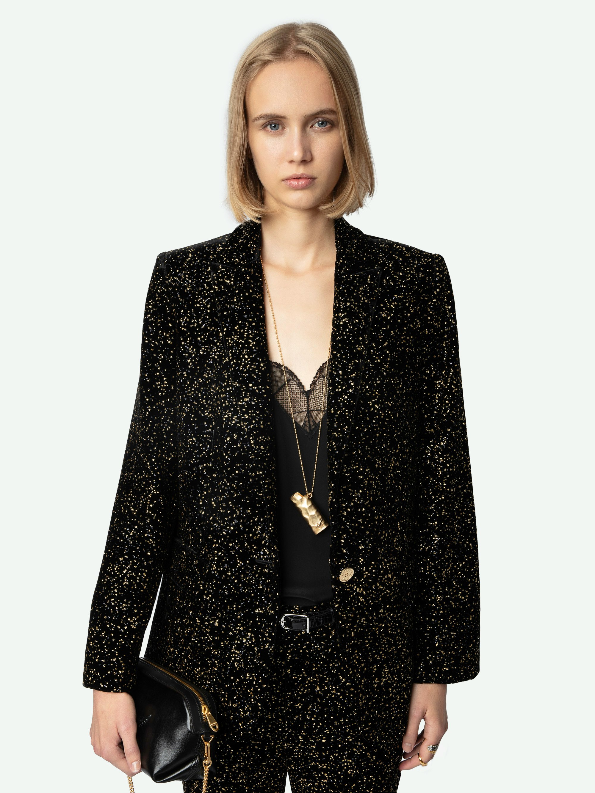 Valse Velvet Blazer - Black velvet blazer with button fastening, pockets and sequin embellishment.