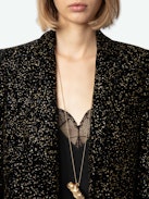 Velvet Valse Blazer - Women's black velvet blazer with button fastening, pockets, and sequin embellishment.