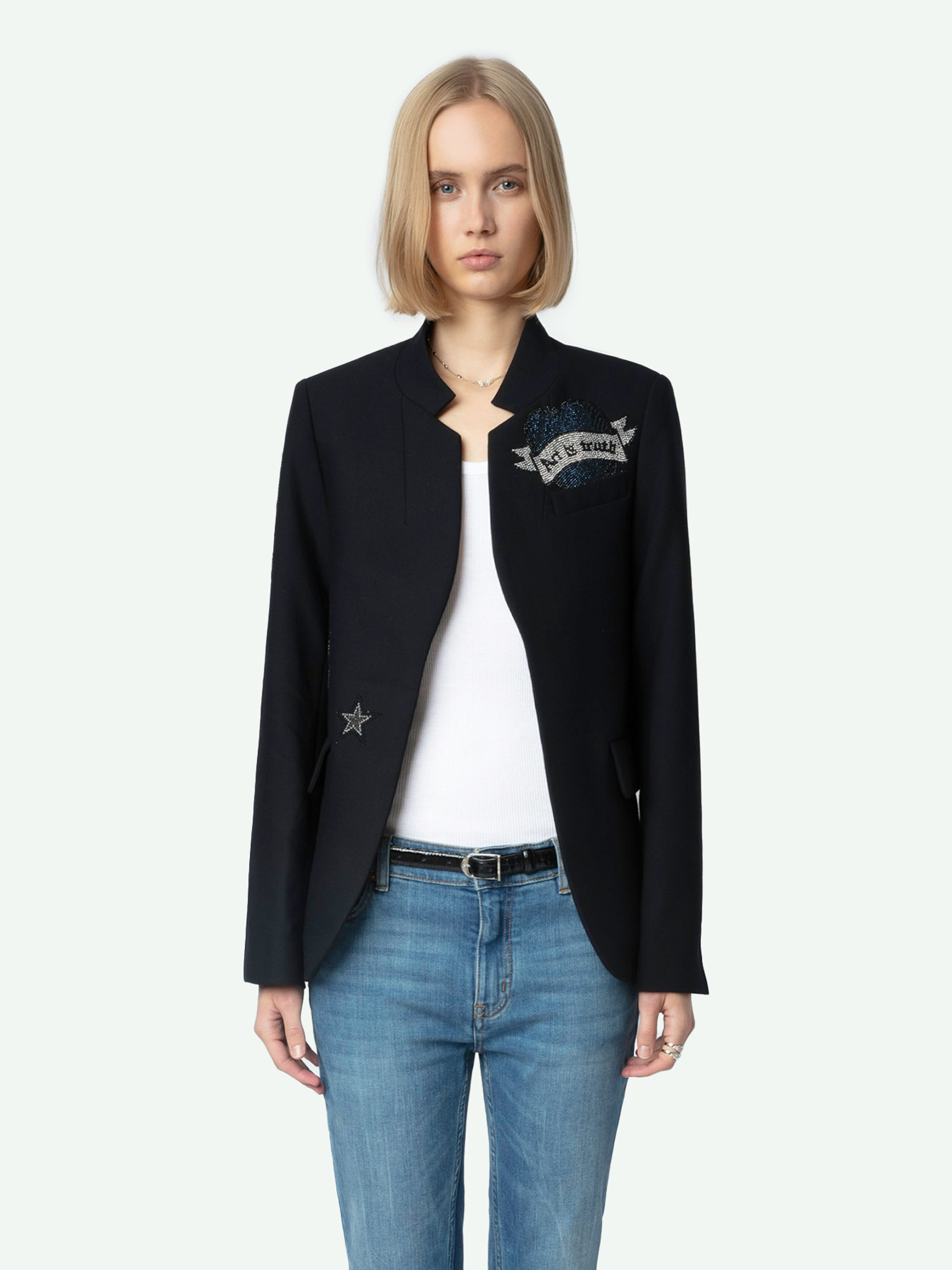 Very Bis Blazer - Women's navy blue blazer with diamanté details.