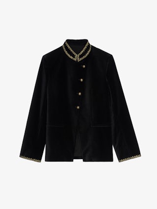 Verysa Velvet Blazer - Structured straight blazer in embroidered velvet, with stand-up collar and embroidered wing details, with button closure.