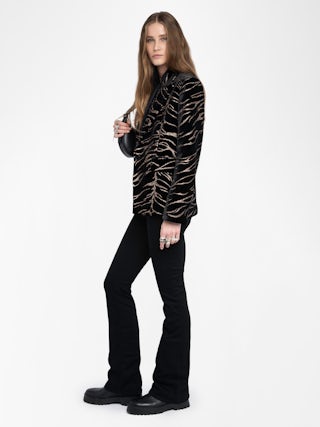 Vavy Sequin Velvet Blazer​ - Structured velvet blazer with sequined tiger stripe pattern.