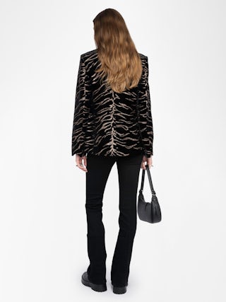 Vavy Sequin Velvet Blazer​ - Structured velvet blazer with sequined tiger stripe pattern.