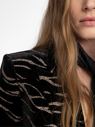 Vavy Sequin Velvet Blazer​ - Structured velvet blazer with sequined tiger stripe pattern.