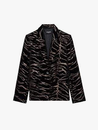 Vavy Sequin Velvet Blazer​ - Structured velvet blazer with sequined tiger stripe pattern.