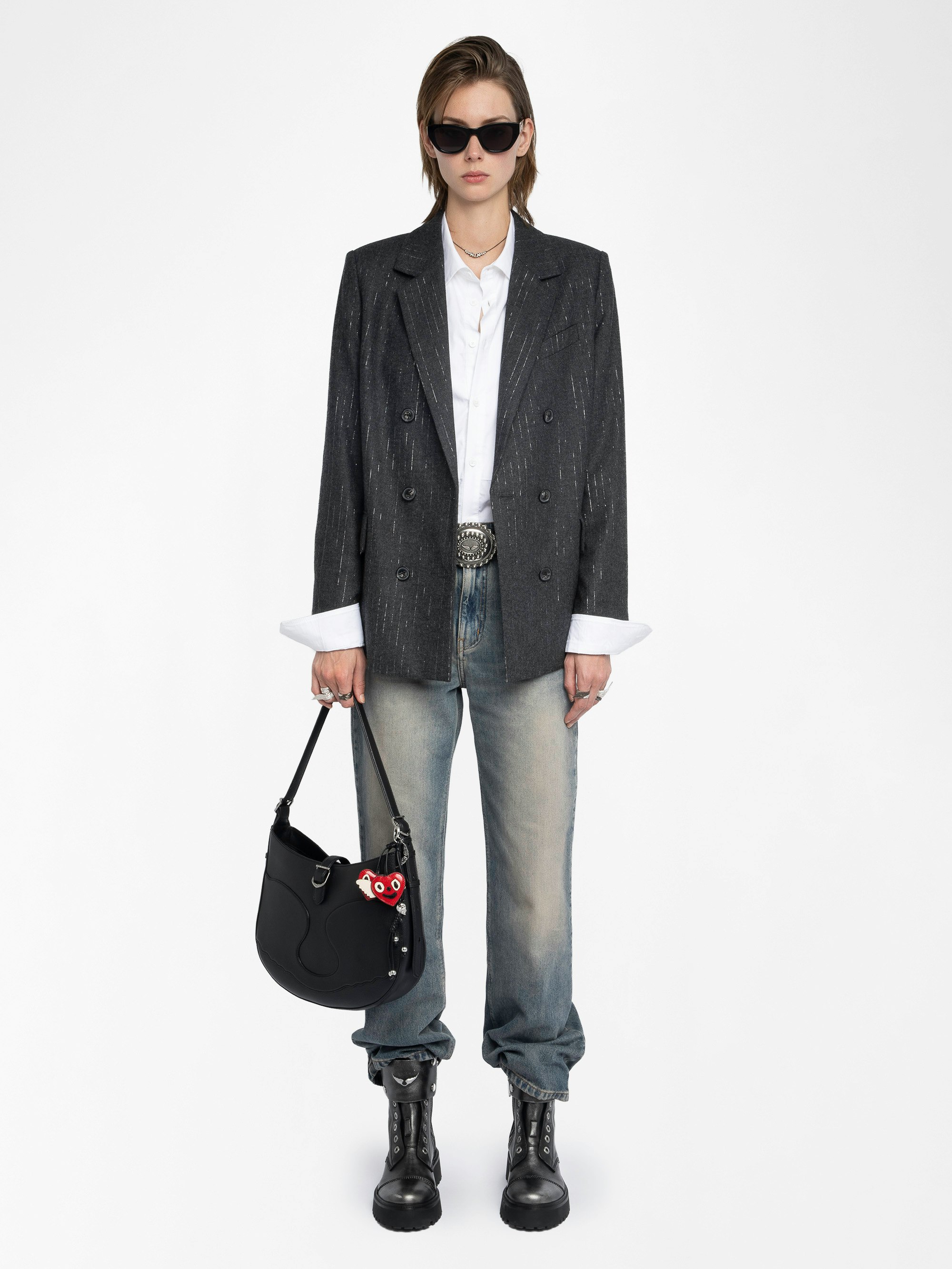 Vaska Blazer - Structured straight blazer in flannel with shimmer stripes, crossed button closure.