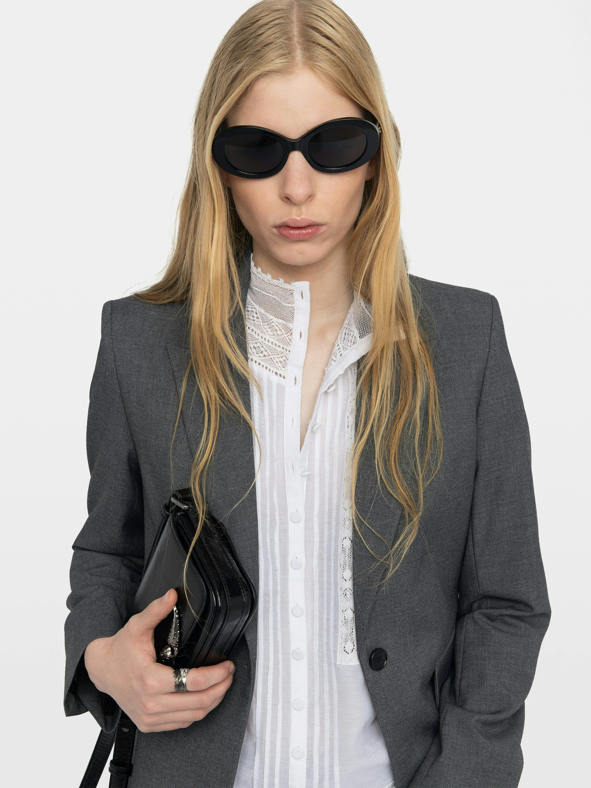 Vavy Blazer - Structured straight-cut tailored blazer with skull rhinestones and button fastening.