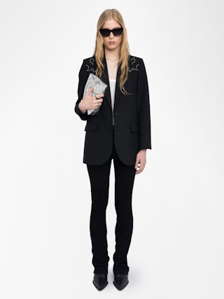 Viva Black Rhinestone Blazer - Structured tailored blazer with western-inspired rhinestones and button fastening.