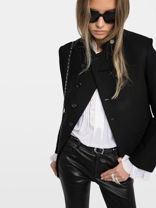 Verysa High Collar Blazer - Structured straight blazer, high collar, rhinestone back details, removable flap, and button fastening.