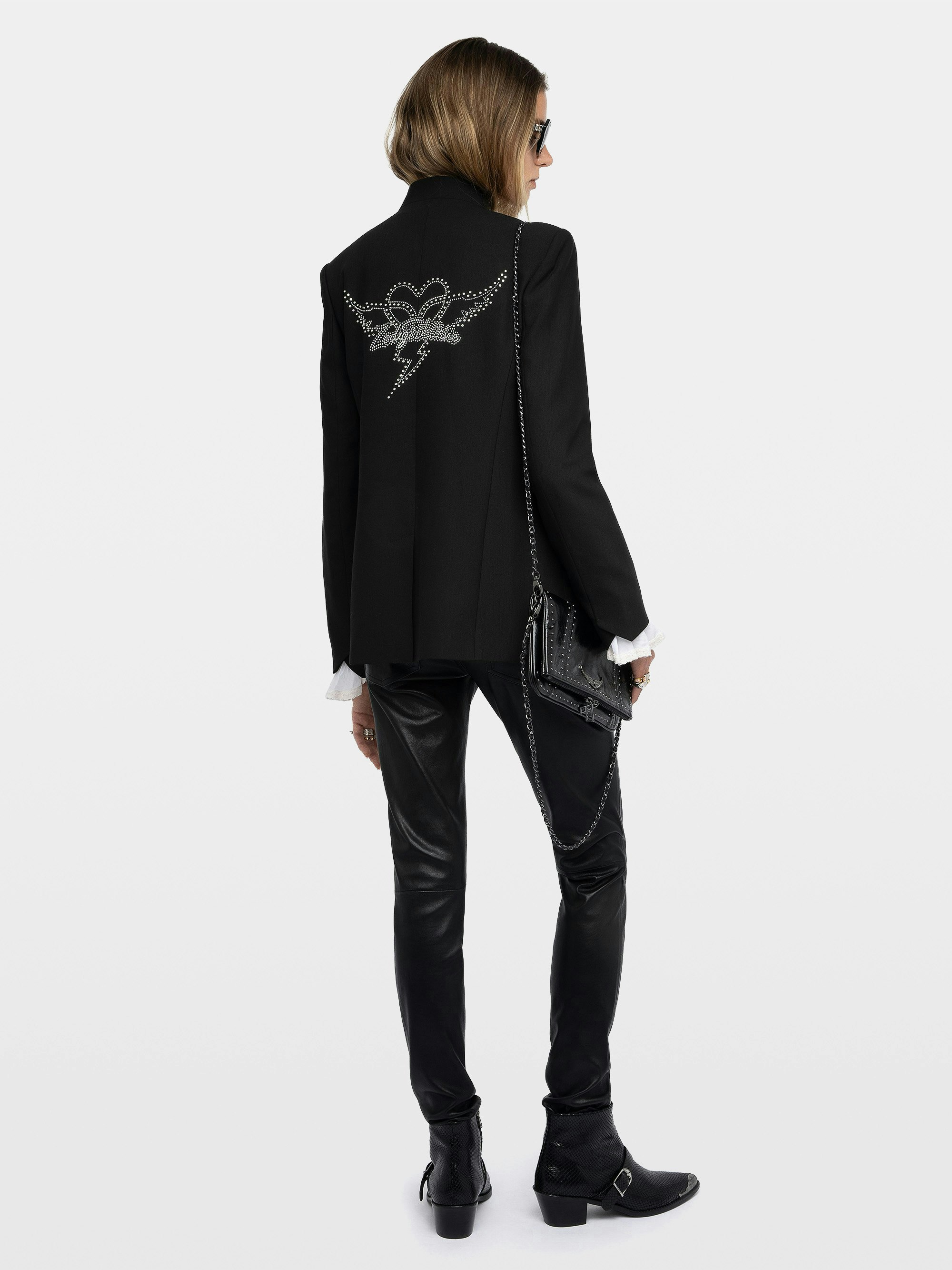 Verysa High Collar Blazer - Structured straight blazer, high collar, rhinestone back details, removable flap, and button fastening.