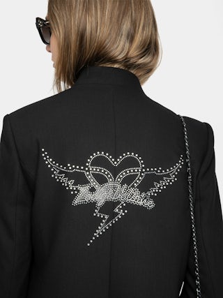 Verysa High Collar Blazer - Structured straight blazer, high collar, rhinestone back details, removable flap, and button fastening.