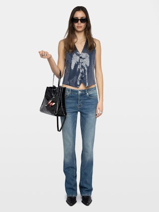 Emaux Sequin Vest - Tailored vest with transparent embroidered sequins, button fastening.