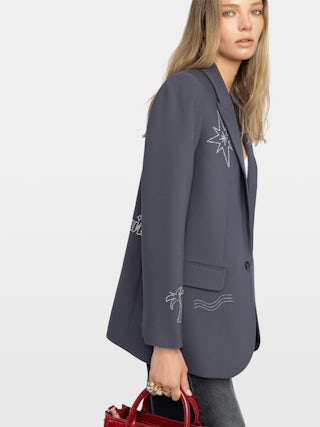 Vival Blazer - Structured straight blazer with button closure and multi-rhinestone details.