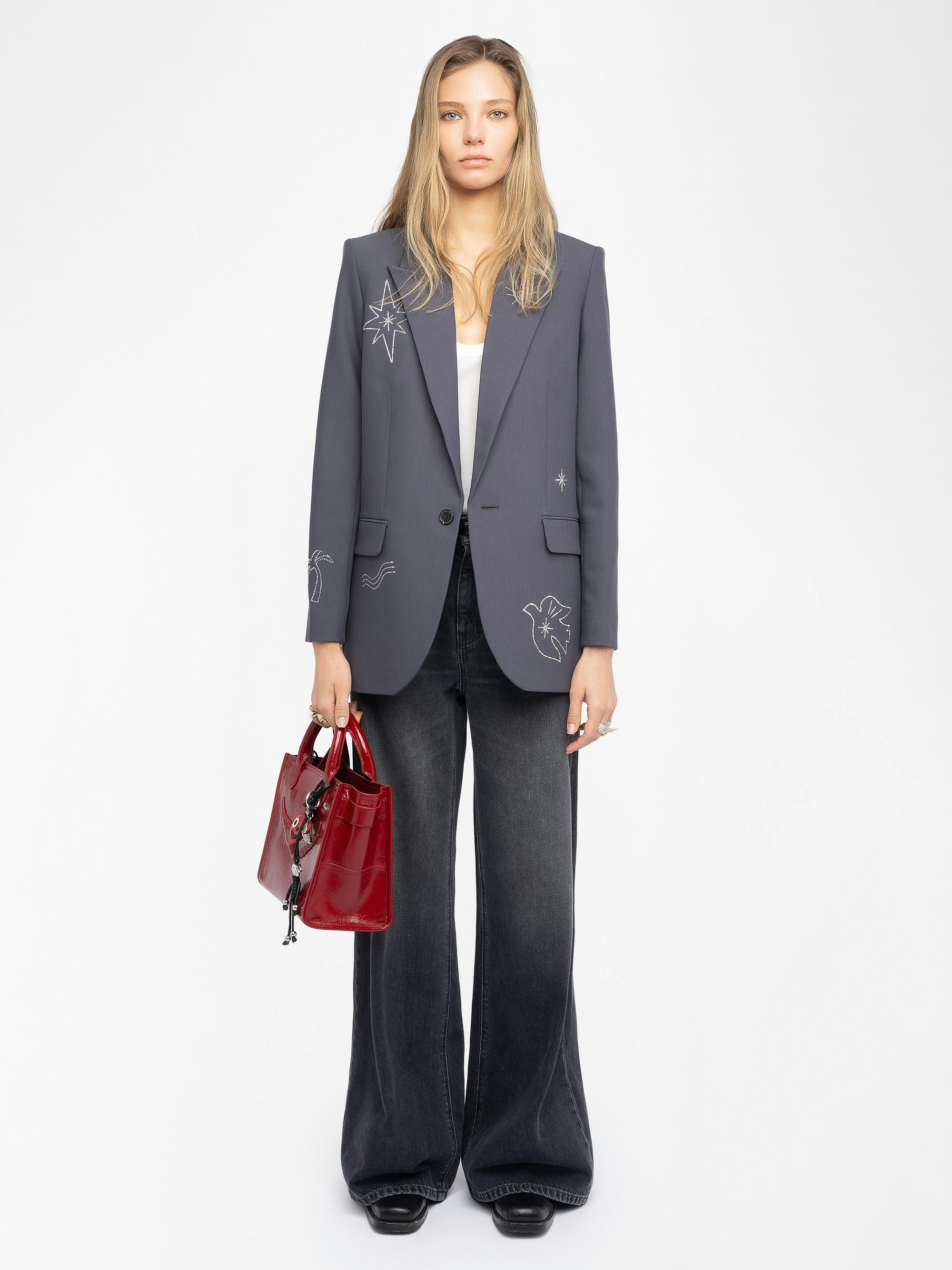 Vival Blazer - Structured straight blazer with button closure and multi-rhinestone details.