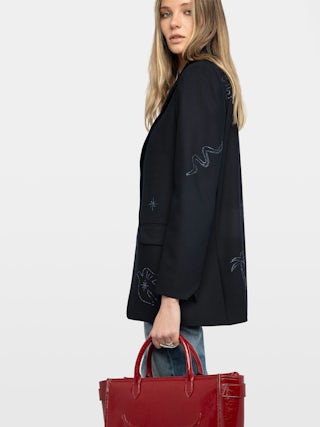 Vival Blazer - Structured straight blazer with button closure and rhinestone details.