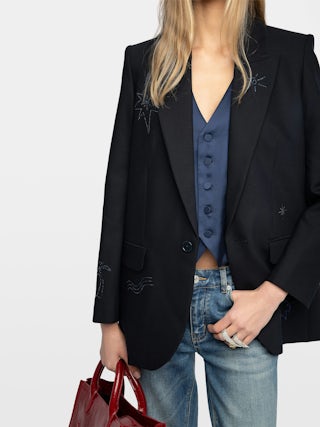 Vival Blazer - Structured straight blazer with button closure and rhinestone details.