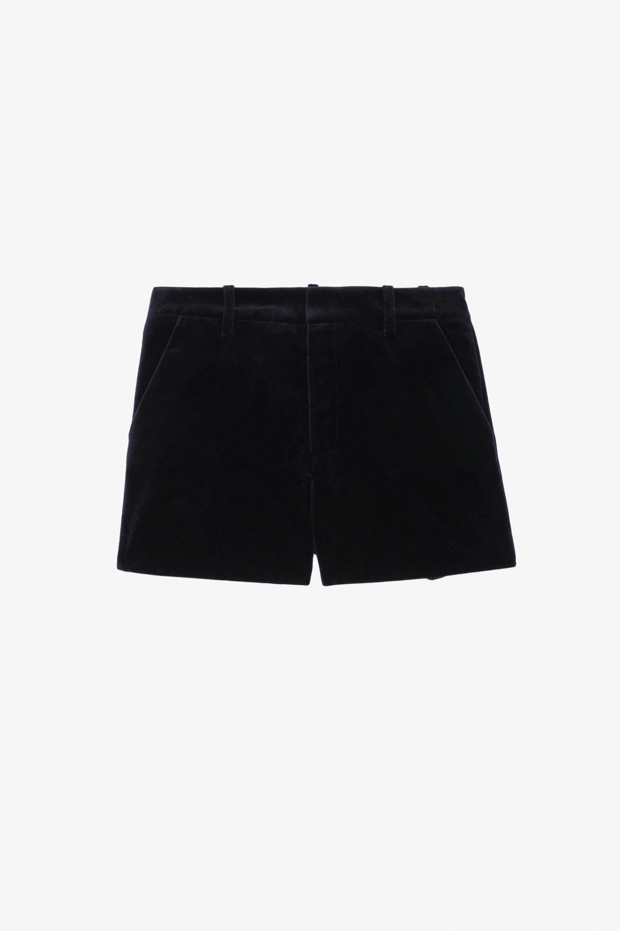 Pink Velvet ショーツ - Navy blue velvet tailored shorts with pockets.
