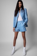 Shorts Please - Shorts aus Leinen und Baumwolle in glänzendem Himmelblau für Damen